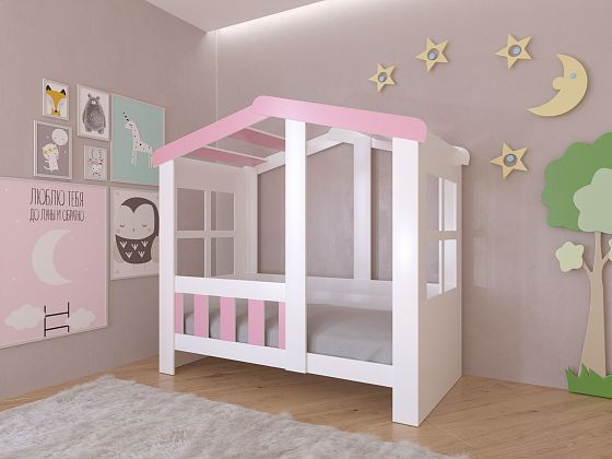 Кровать "Астра-Домик" без ящика - Кровать "Астра-Домик" без ящика: Белый/Розовый