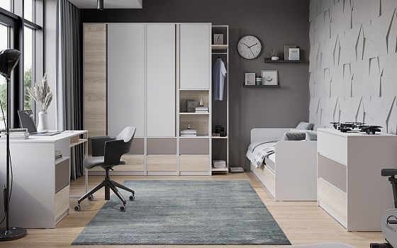Шкаф комбинированный с накладкой "Сканди" - В интерьере, цвет: Белый/Дуб Гарден/Глиняный Серый