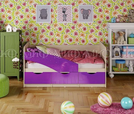 Кровать "Бабочки" 1,8*0,8 м (МДФ глянцевый) - Цвет фасадов: Фиолетовый металлик