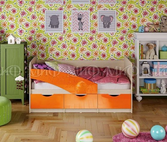 Кровать "Бабочки" 1,8*0,8 м (МДФ глянцевый) - Цвет фасадов: Оранжевый металлик