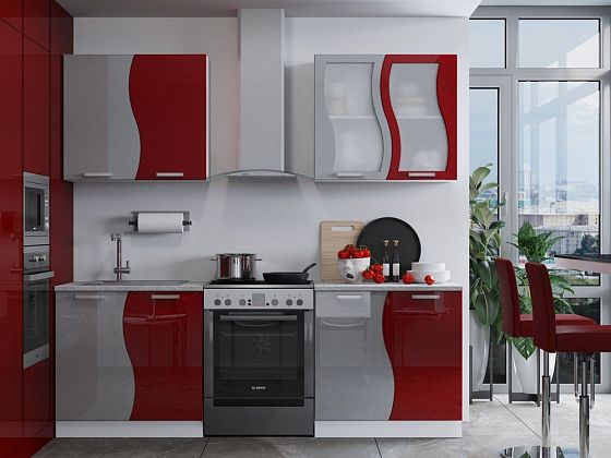 Кухня "Волна" 1600 мм (стекло) - Белый (корпус)/Красный металлик (фасад)/Сталь металлик (фасад)