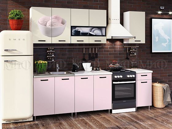 Кухня "Рио-2" 2000 мм фотопечать "Мороженное" - Белый/Бежевый/Розовый