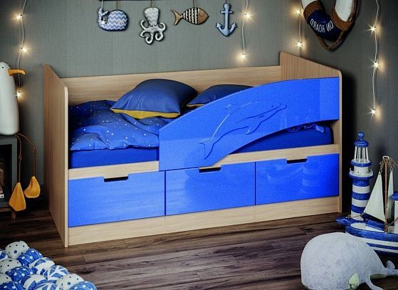 Кровать "Дельфин-6" МДФ 1800 мм (Правый) - Цвет: Ясень Шимо светлый/Темно-синий металлик