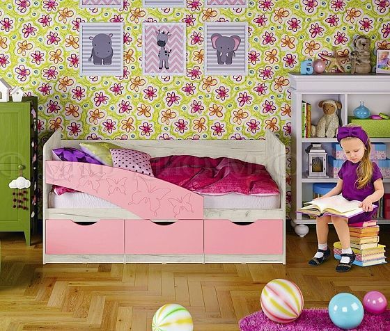 Кровать "Бабочки" 1,8*0,8 м (МДФ глянцевый) - Цвет: Дуб Крафт Белый/Розовый металлик