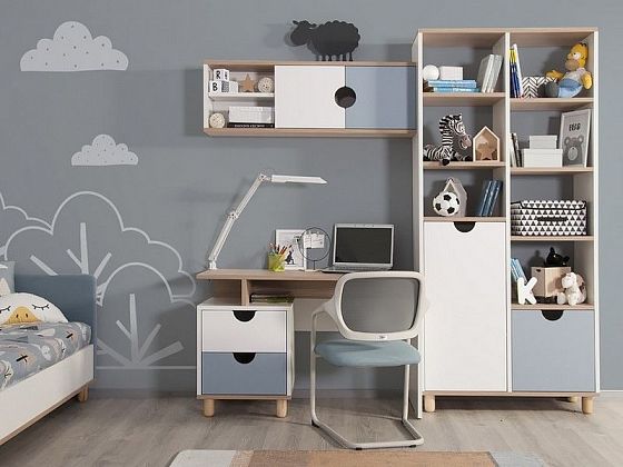 Модульная детская "Барни" - Книжный шкаф и стол, цвет: Белый/Дуб Андреа/Серо-голубой/Белый Крап